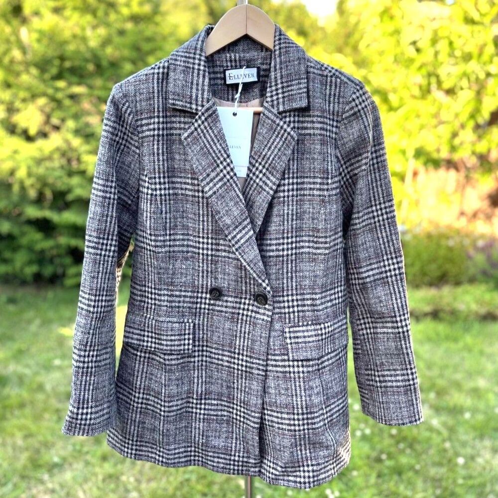 Elleven Houndstooth Plaid Double Breasted Blazer Women's Small Black Tweed NWT - Picture 3 of 11